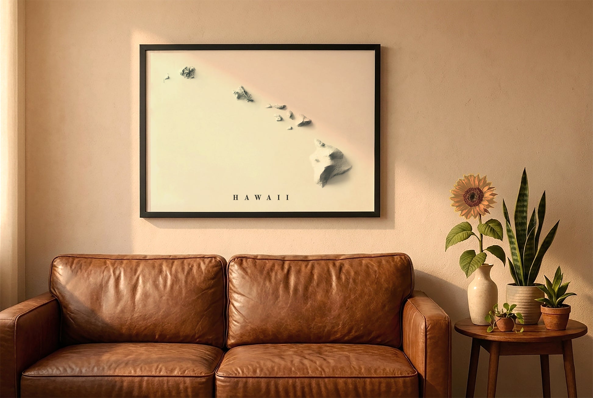 Hawaii relief map in a black frame above a brown leather sofa. Boho living room with warm sunlight, sunflower, and indoor plants on a wooden side table