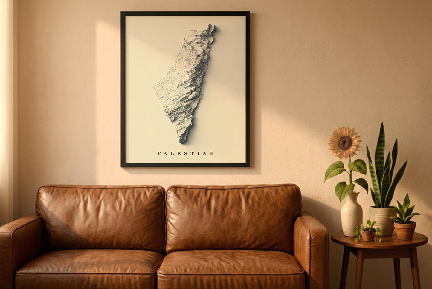 Palestine relief map in a black frame above a brown leather sofa. Boho living room with warm sunlight, sunflower, and indoor plants on a wooden side table