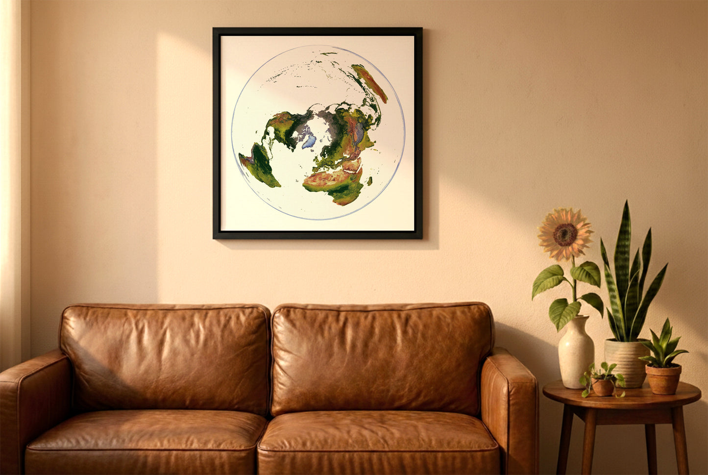 World relief map in WGS 1984 Grid North projection in a black frame above a brown leather sofa. Boho living room with warm sunlight, sunflower, and indoor plants on a wooden side table