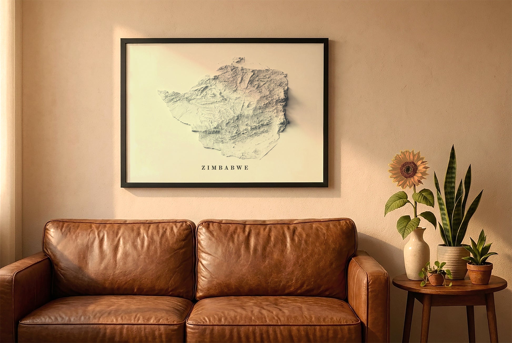 Zimbabwe relief map in a black frame above a brown leather sofa. Boho living room with warm sunlight, sunflower, and indoor plants on a wooden side table