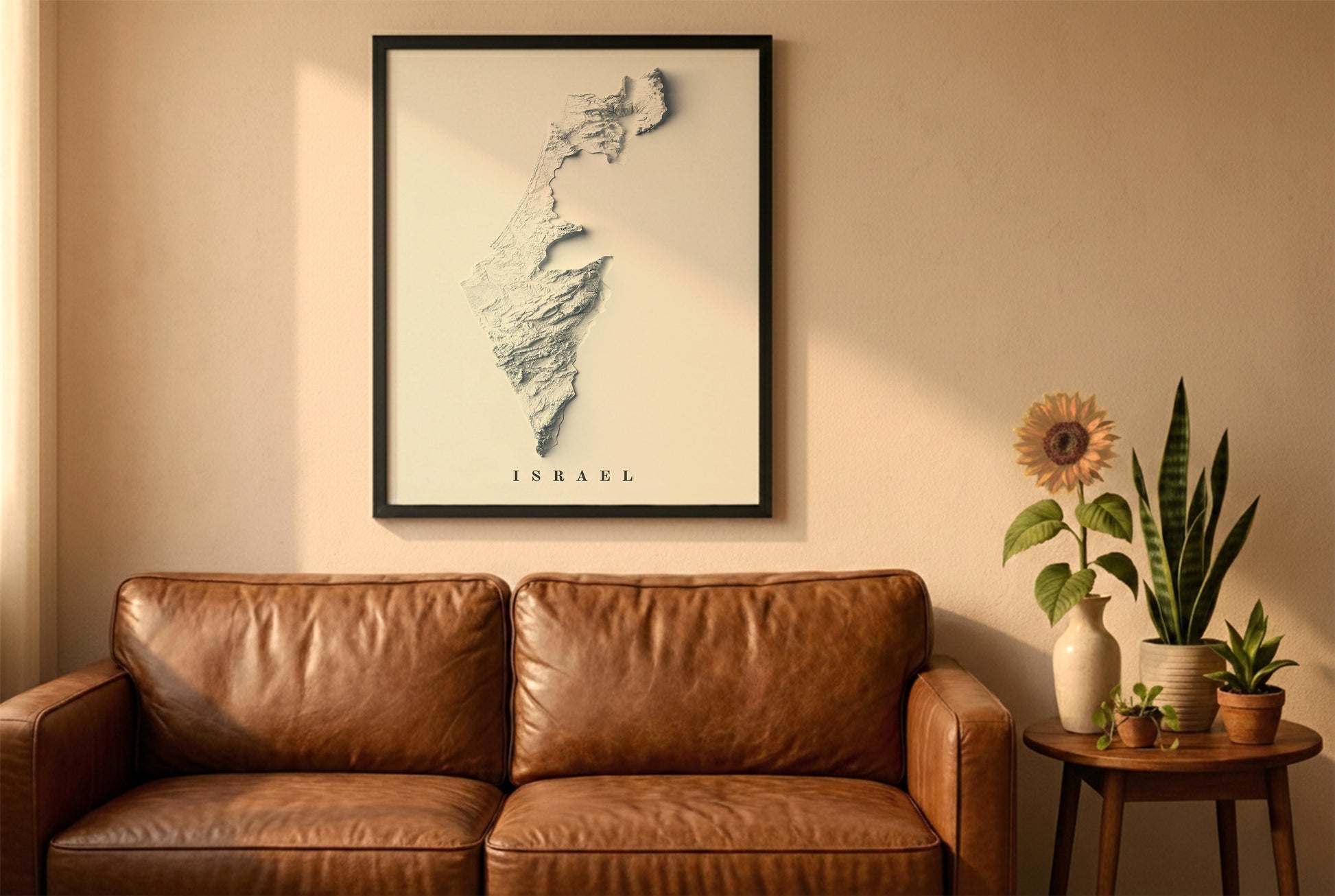 Israel relief map in a black frame above a brown leather sofa. Boho living room with warm sunlight, sunflower, and indoor plants on a wooden side table
