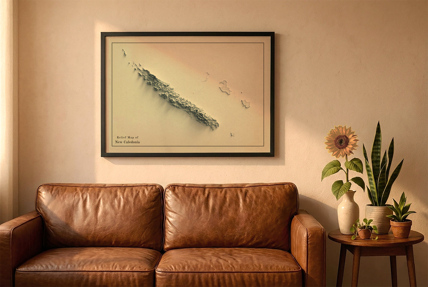 New Caledonia vintage relief map in a black frame above a brown leather sofa. Boho living room with warm sunlight, sunflower, and indoor plants on a wooden side table