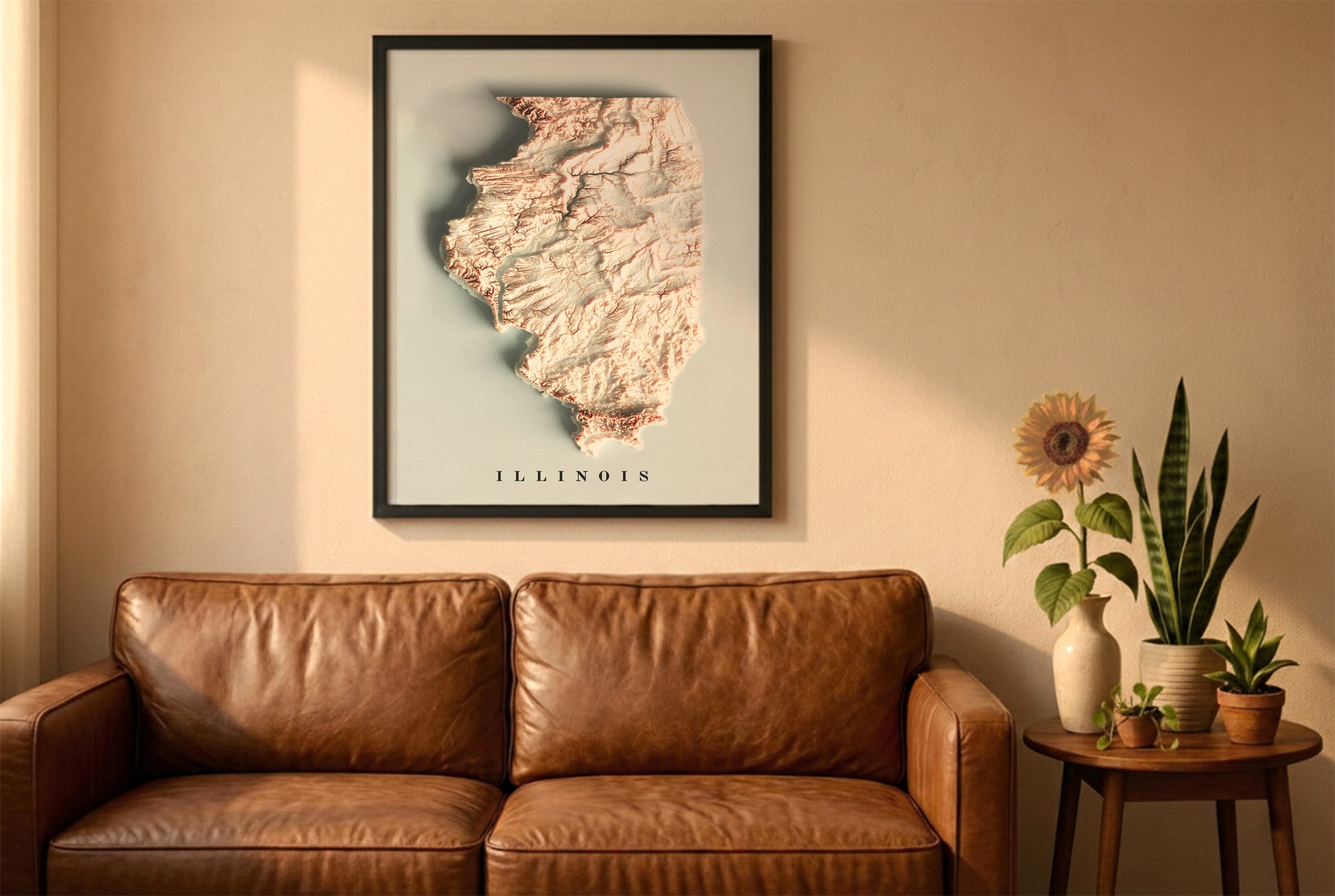 Illinois relief map in a black frame above a brown leather sofa. Boho living room with warm sunlight, sunflower, and indoor plants on a wooden side table