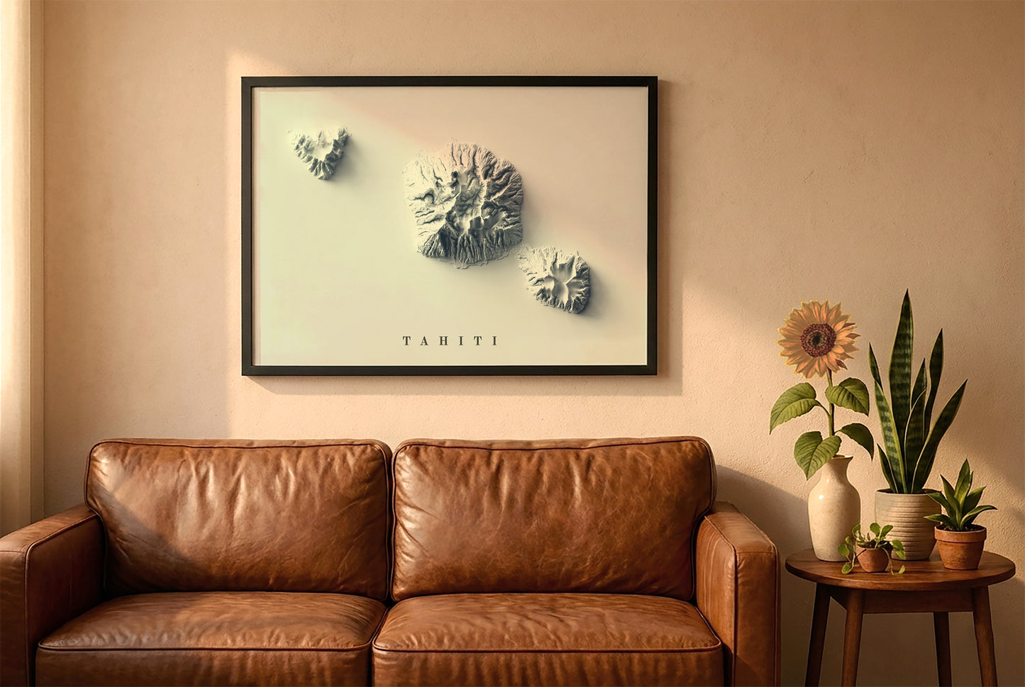 Tahiti relief map in a black frame above a brown leather sofa. Boho living room with warm sunlight, sunflower, and indoor plants on a wooden side table