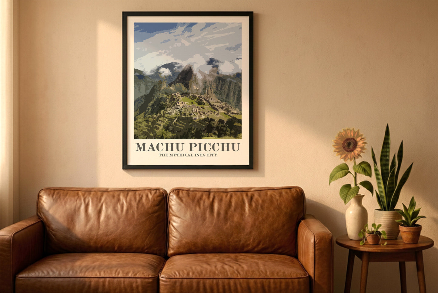 Machu Picchu Peru poster in a black frame above a brown leather sofa. Boho living room with warm sunlight, sunflower, and indoor plants on a wooden side table