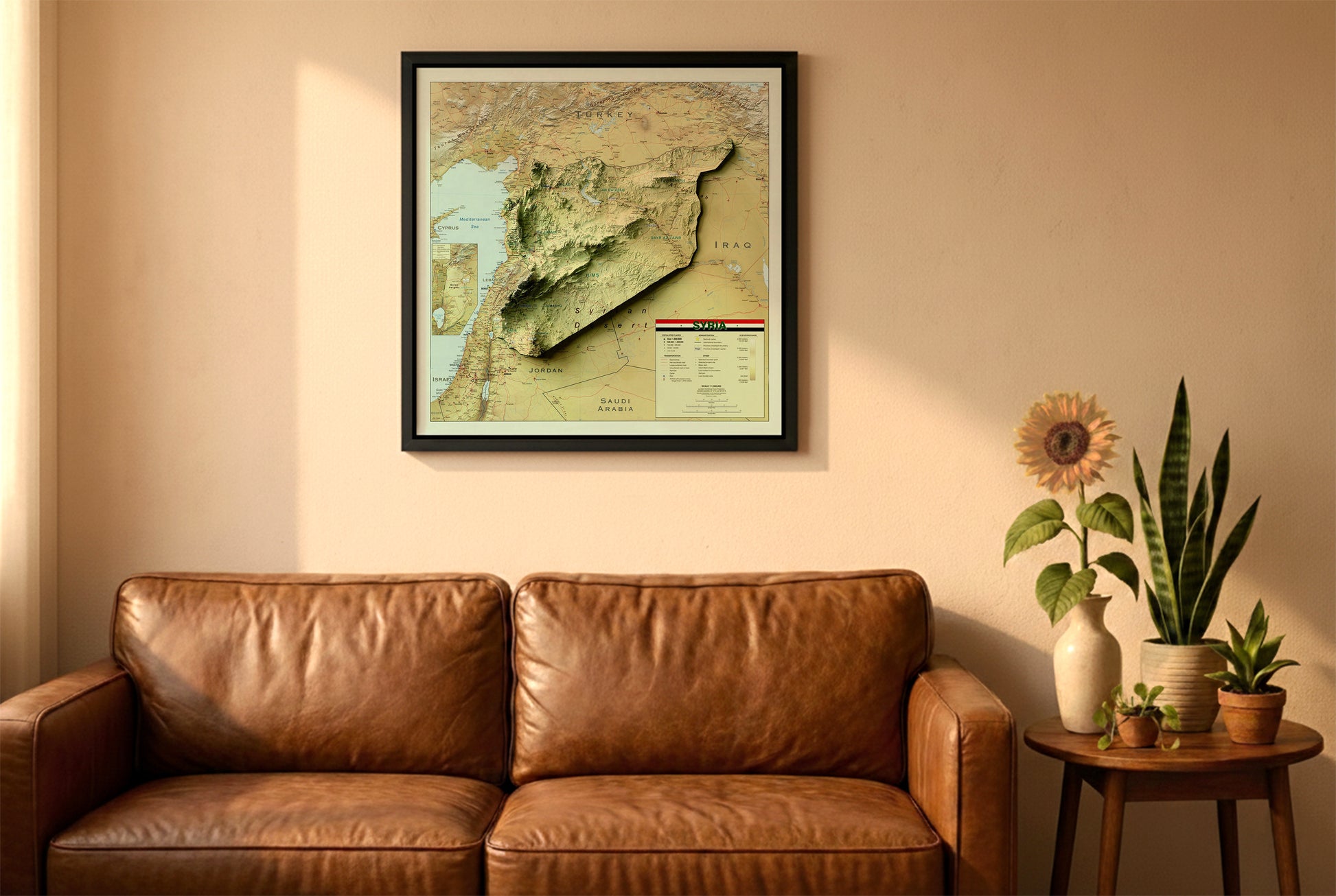 Syria vintage relief map in a black frame above a brown leather sofa. Boho living room with warm sunlight, sunflower, and indoor plants on a wooden side table