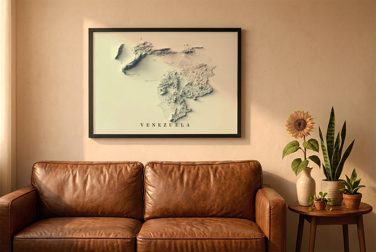 Venezuela relief map in a black frame above a brown leather sofa. Boho living room with warm sunlight, sunflower, and indoor plants on a wooden side table