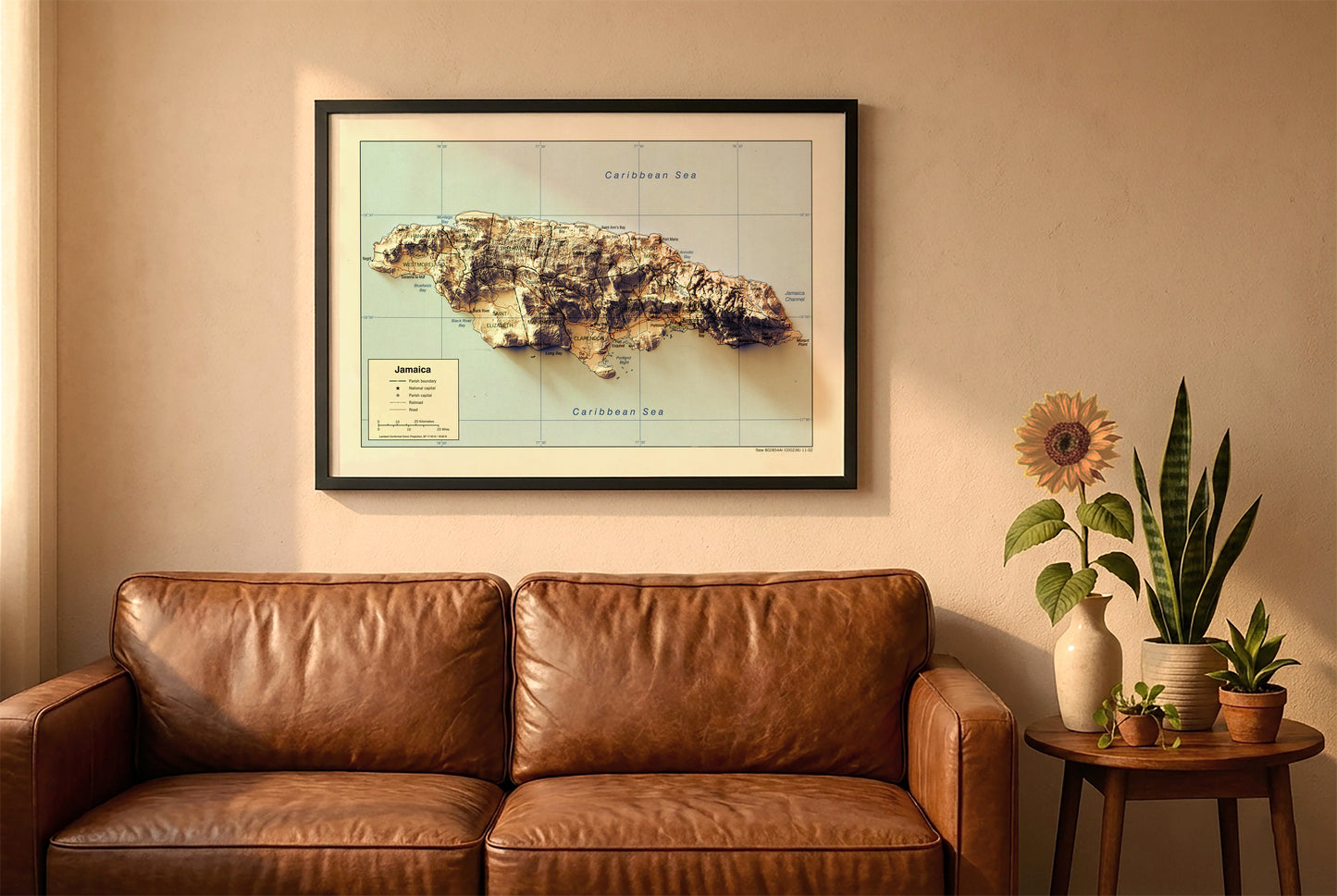 Jamaica vintage relief map in a black frame above a brown leather sofa. Boho living room with warm sunlight, sunflower, and indoor plants on a wooden side table