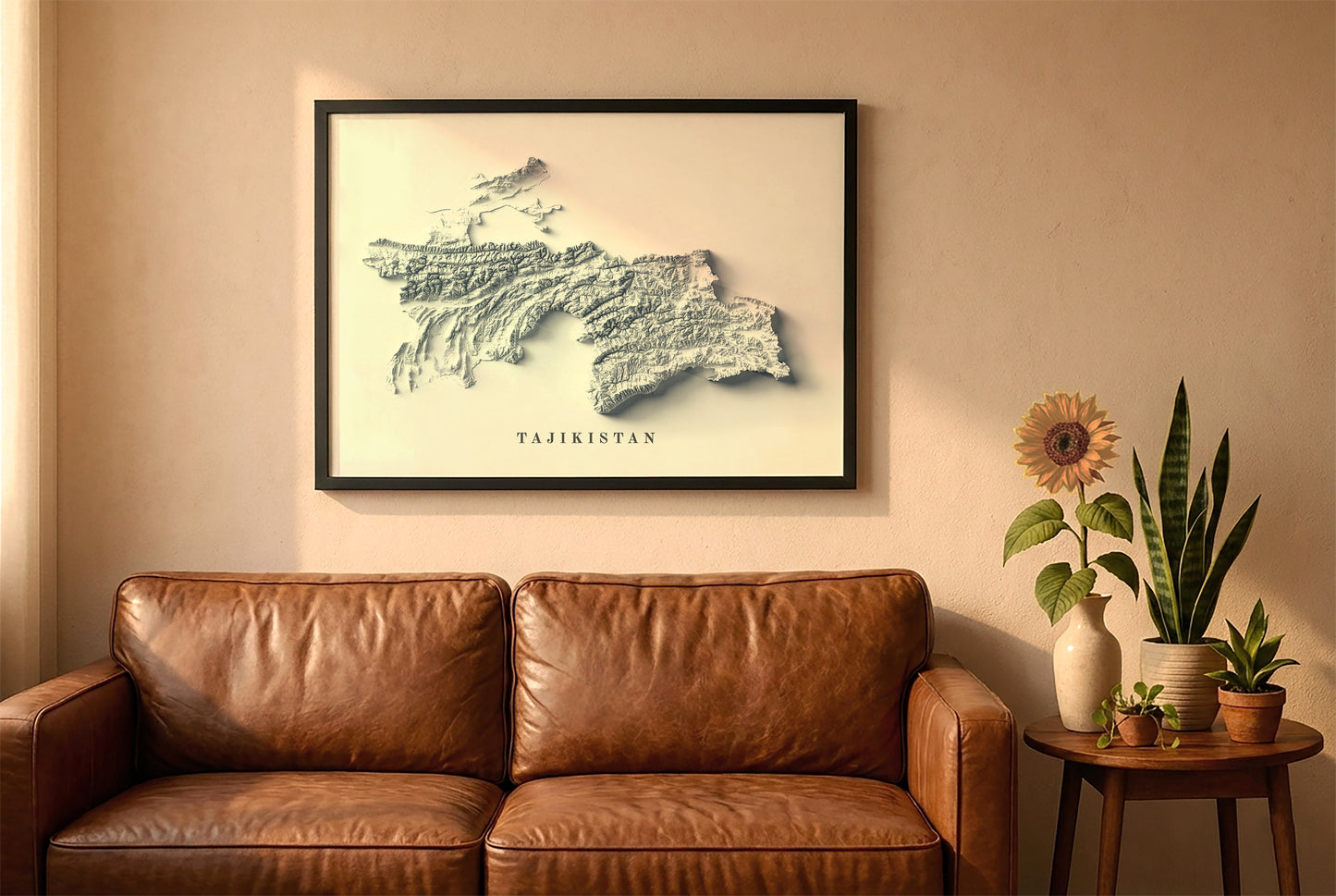 Tajikistan relief map in a black frame above a brown leather sofa. Boho living room with warm sunlight, sunflower, and indoor plants on a wooden side table