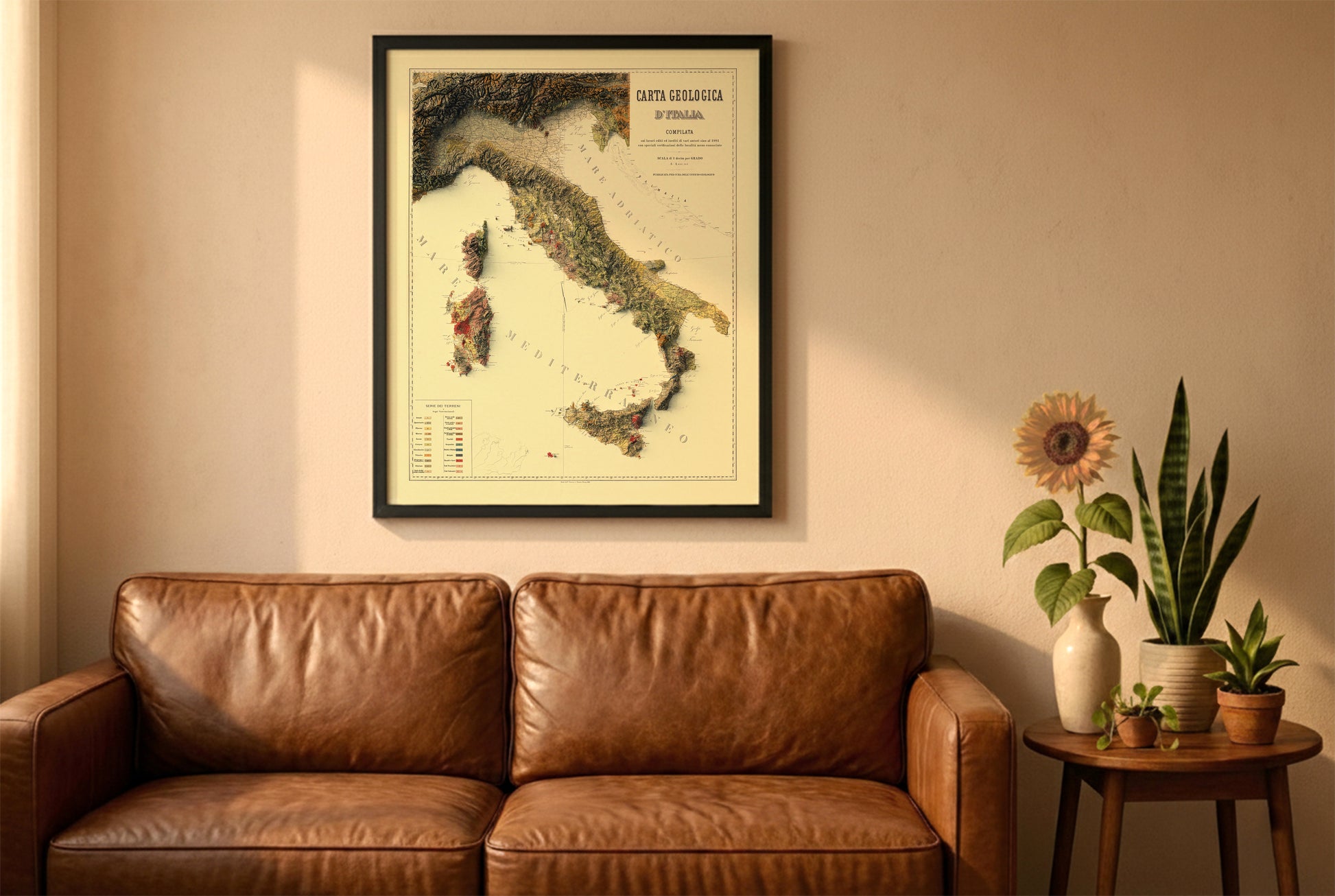 Italy vintage relief map in a black frame above a brown leather sofa. Boho living room with warm sunlight, sunflower, and indoor plants on a wooden side table