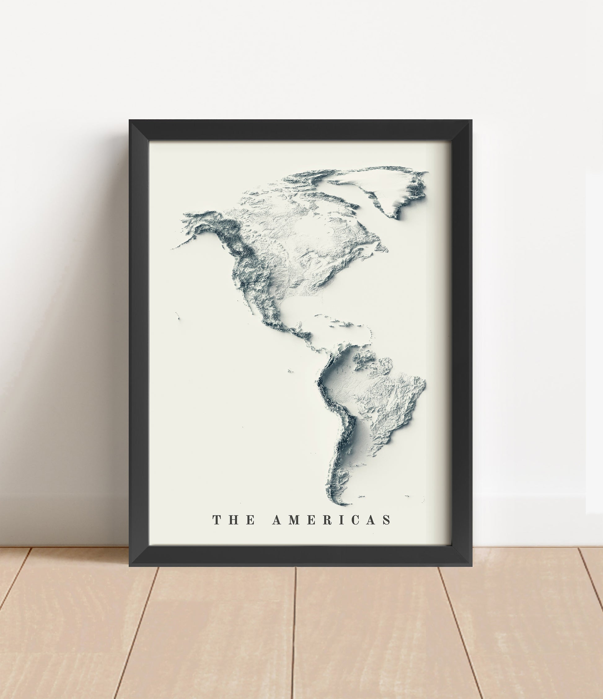 The Americas shaded relief map in black frame. Artistic print with realistic terrain effect for wall decor
