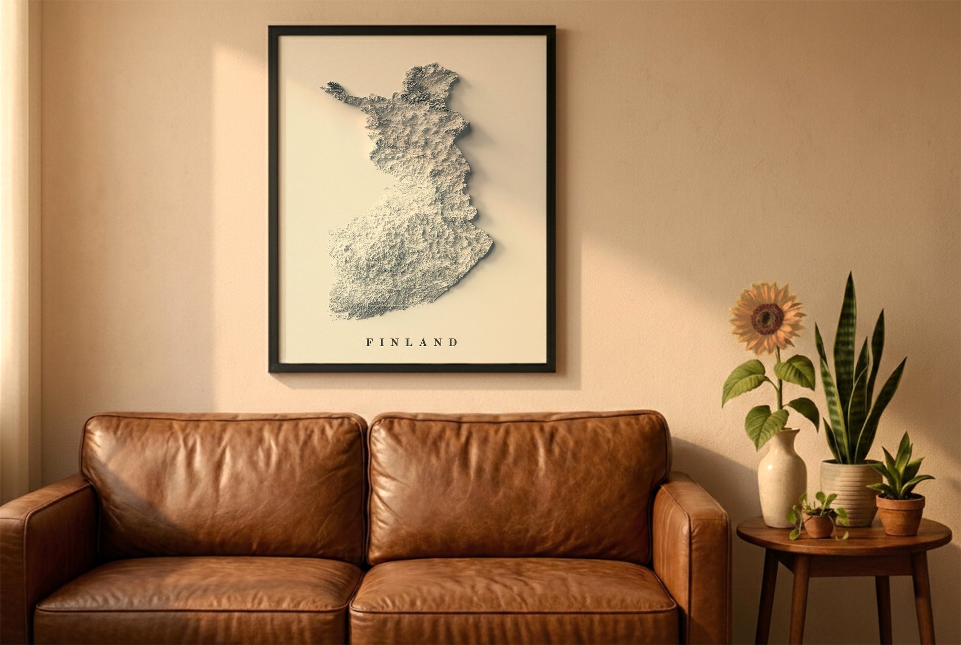 Finland relief map in a black frame above a brown leather sofa. Boho living room with warm sunlight, sunflower, and indoor plants on a wooden side table