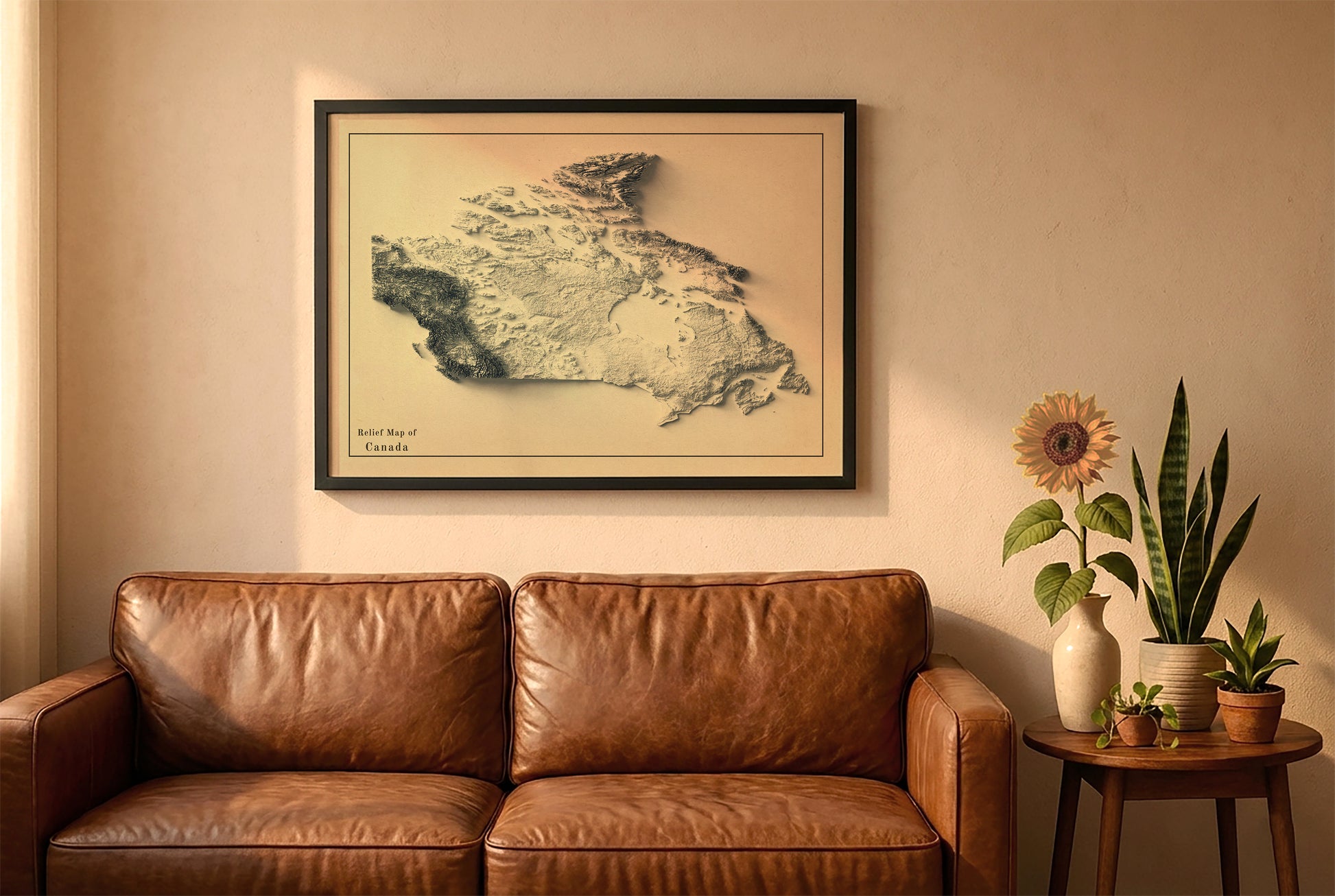 Canada vintage relief map in a black frame above a brown leather sofa. Boho living room with warm sunlight, sunflower, and indoor plants on a wooden side table
