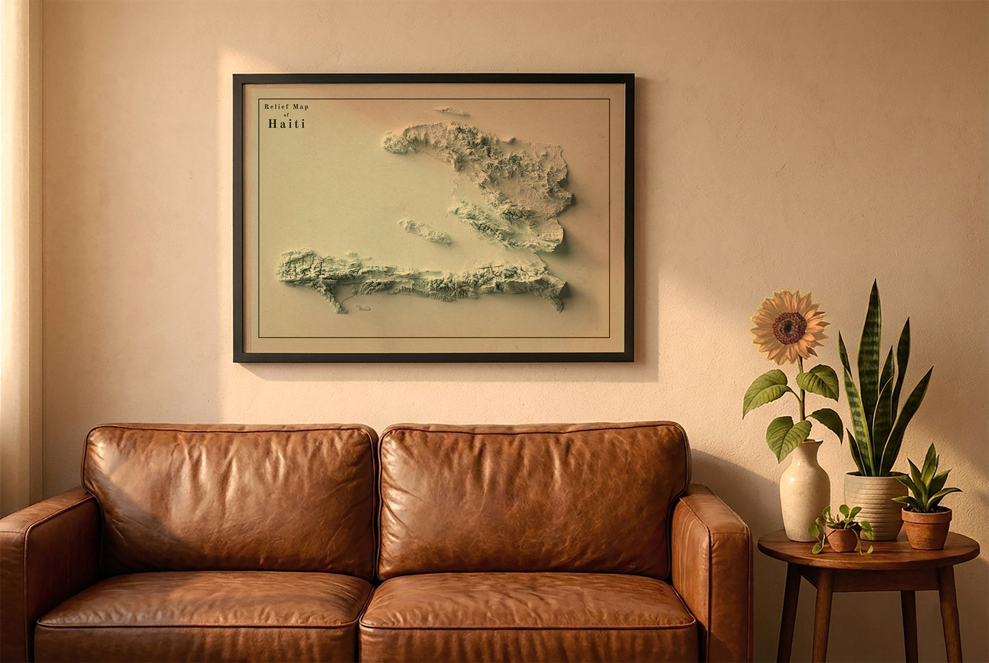 Haiti vintage relief map in a black frame above a brown leather sofa. Boho living room with warm sunlight, sunflower, and indoor plants on a wooden side table