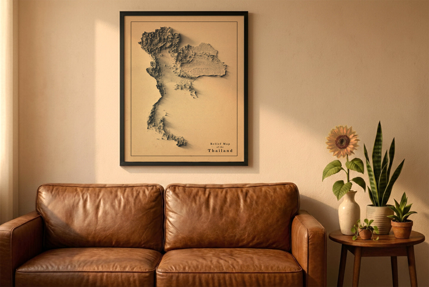 Thailand vintage relief map in a black frame above a brown leather sofa. Boho living room with warm sunlight, sunflower, and indoor plants on a wooden side table