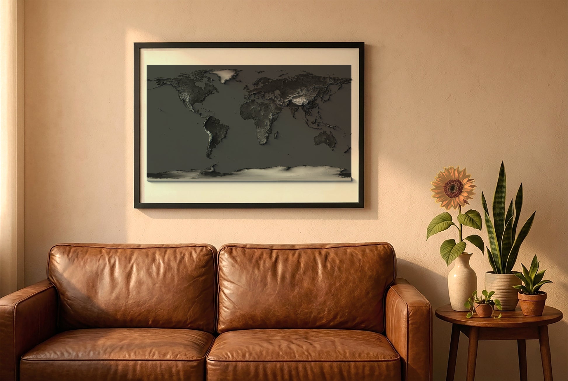 world relief map in a black frame above a brown leather sofa. Boho living room with warm sunlight, sunflower, and indoor plants on a wooden side table