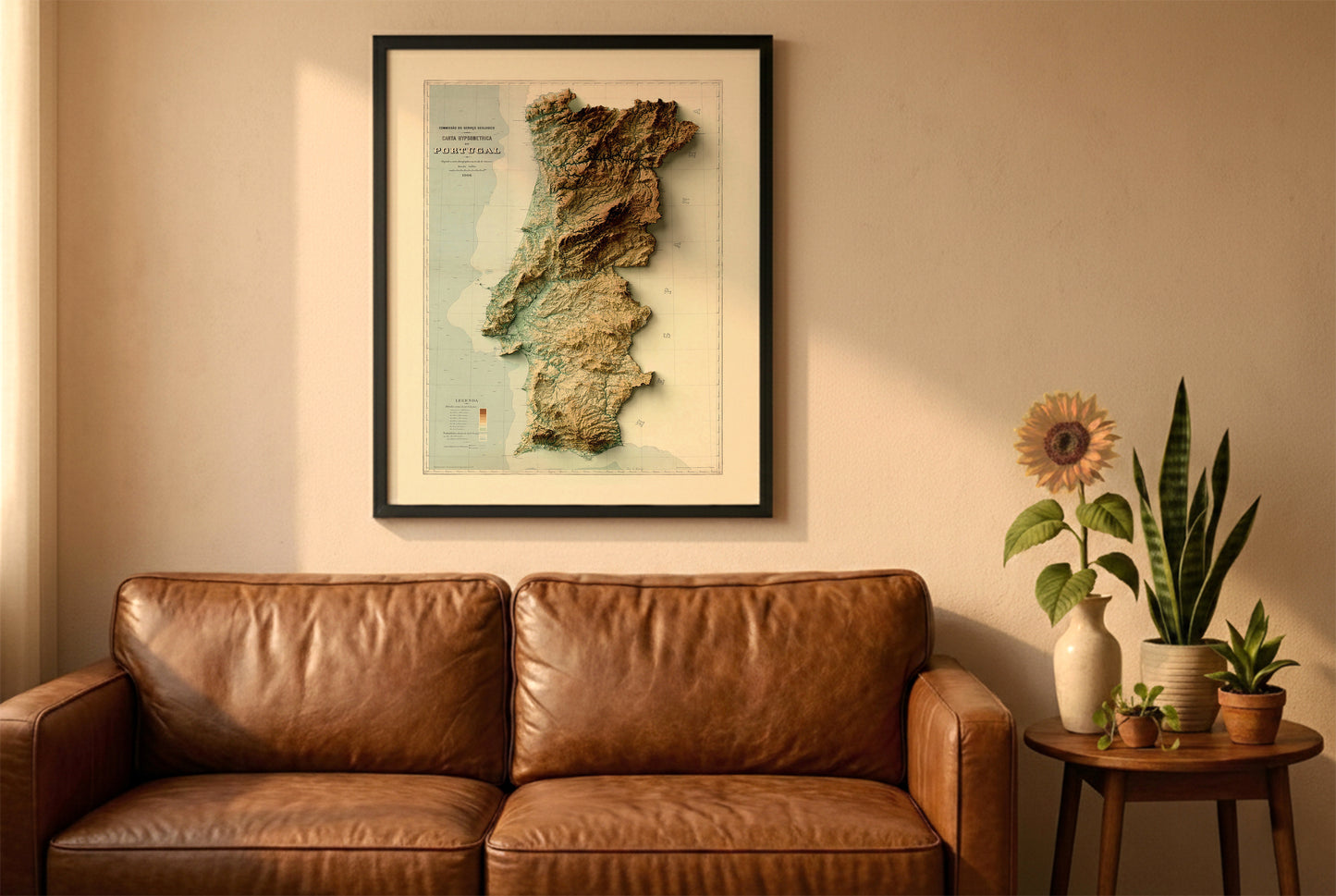 Portugal vintage relief map in a black frame above a brown leather sofa. Boho living room with warm sunlight, sunflower, and indoor plants on a wooden side table