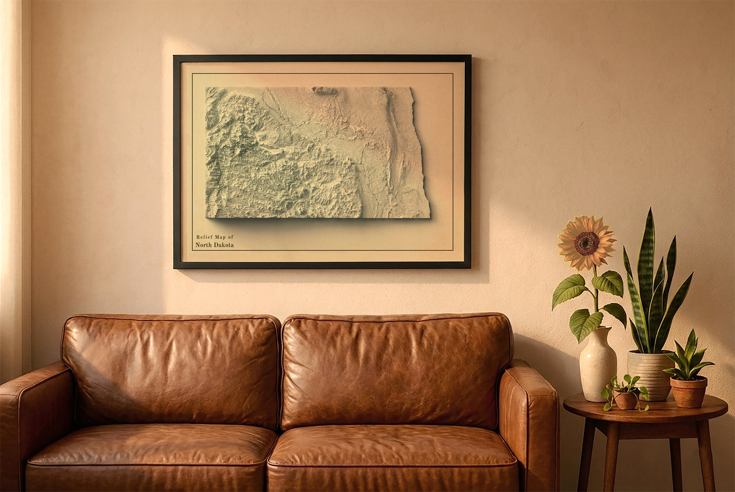 North Dakota vintage relief map in a black frame above a brown leather sofa. Boho living room with warm sunlight, sunflower, and indoor plants on a wooden side table
