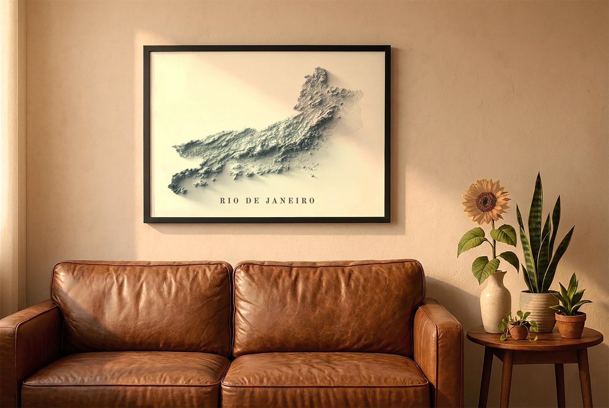 Rio de Janeiro, Brazil, relief map in a black frame above a brown leather sofa. Boho living room with warm sunlight, sunflower, and indoor plants on a wooden side table