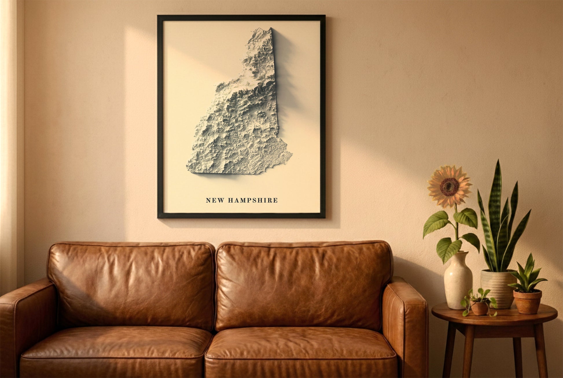 New Hampshire relief map in a black frame above a brown leather sofa. Boho living room with warm sunlight, sunflower, and indoor plants on a wooden side table