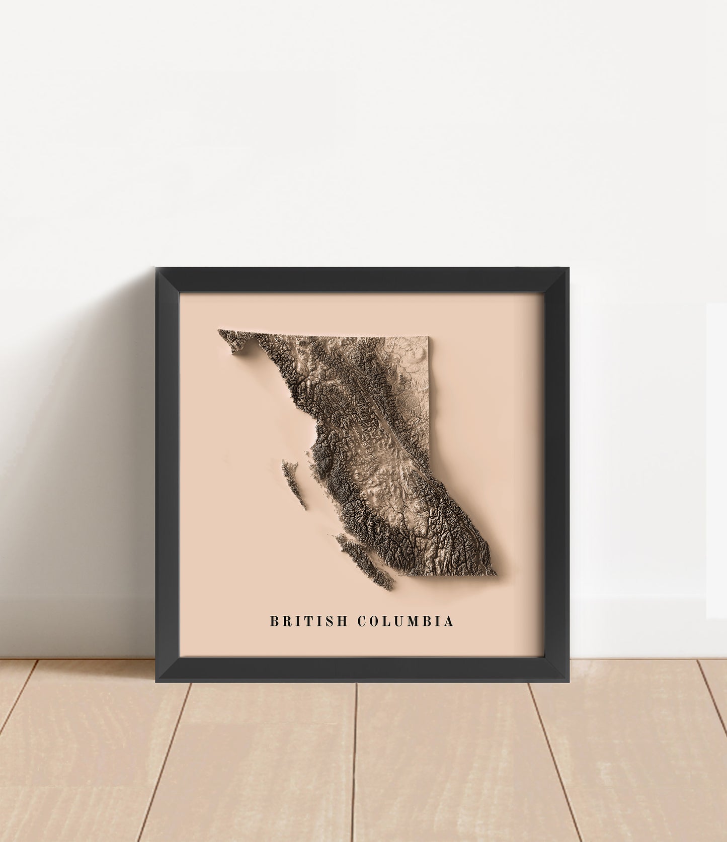 British Columbia Canada shaded relief map in black frame. Artistic print with realistic terrain effect for wall decor