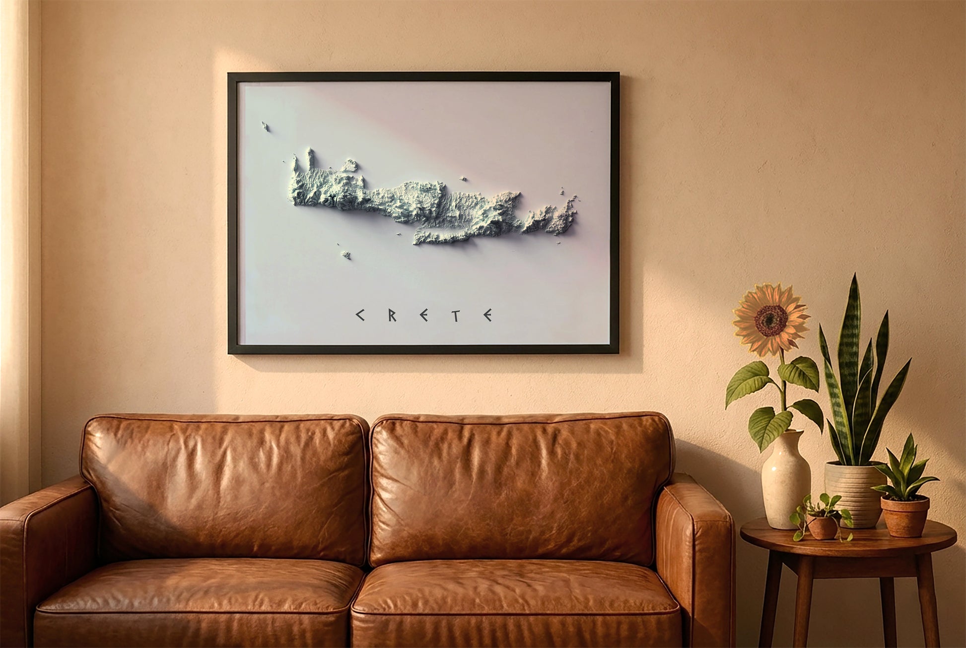 Crete, Greece, relief map in a black frame above a brown leather sofa. Boho living room with warm sunlight, sunflower, and indoor plants on a wooden side table
