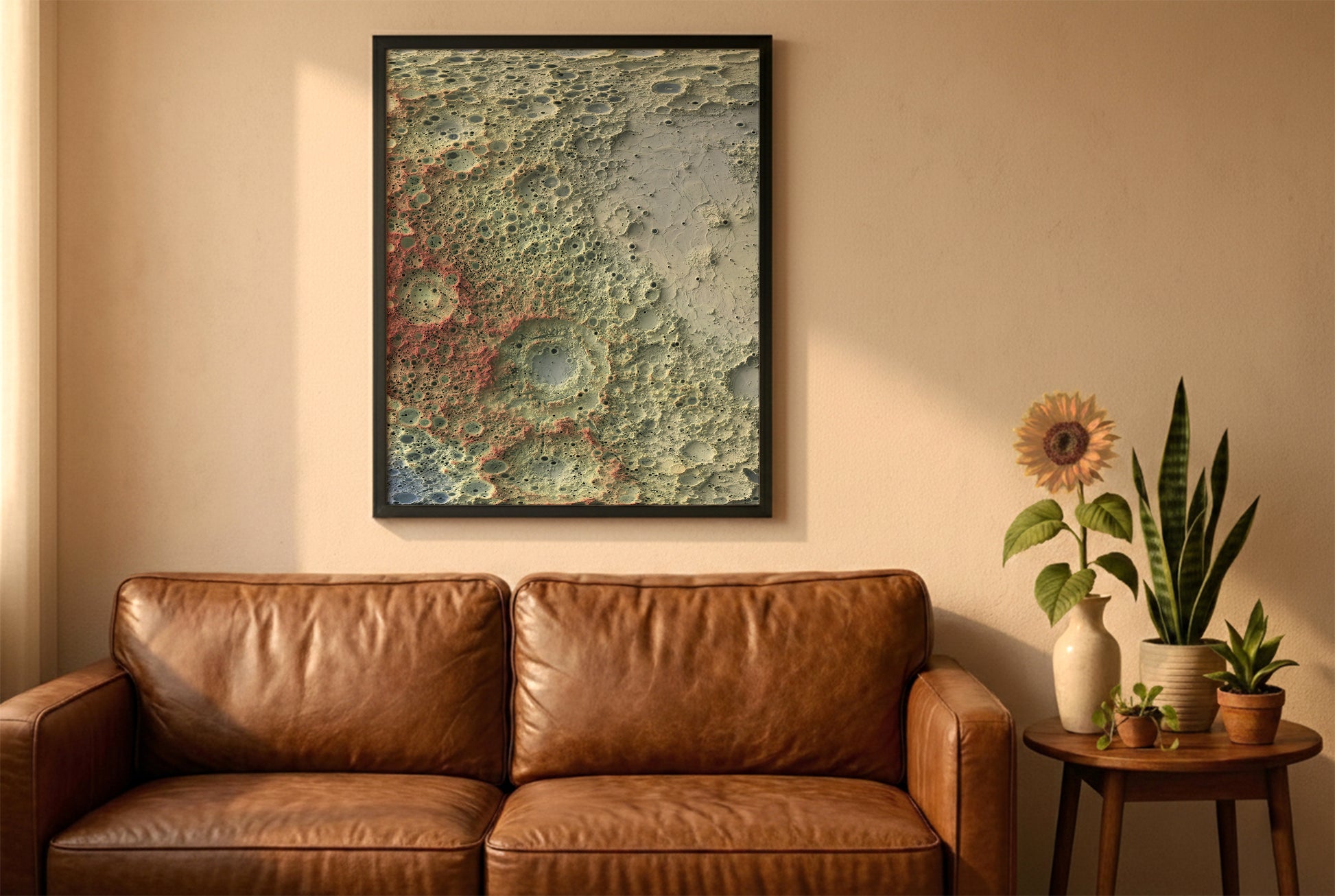 Moon relief map in a black frame above a brown leather sofa. Boho living room with warm sunlight, sunflower, and indoor plants on a wooden side table