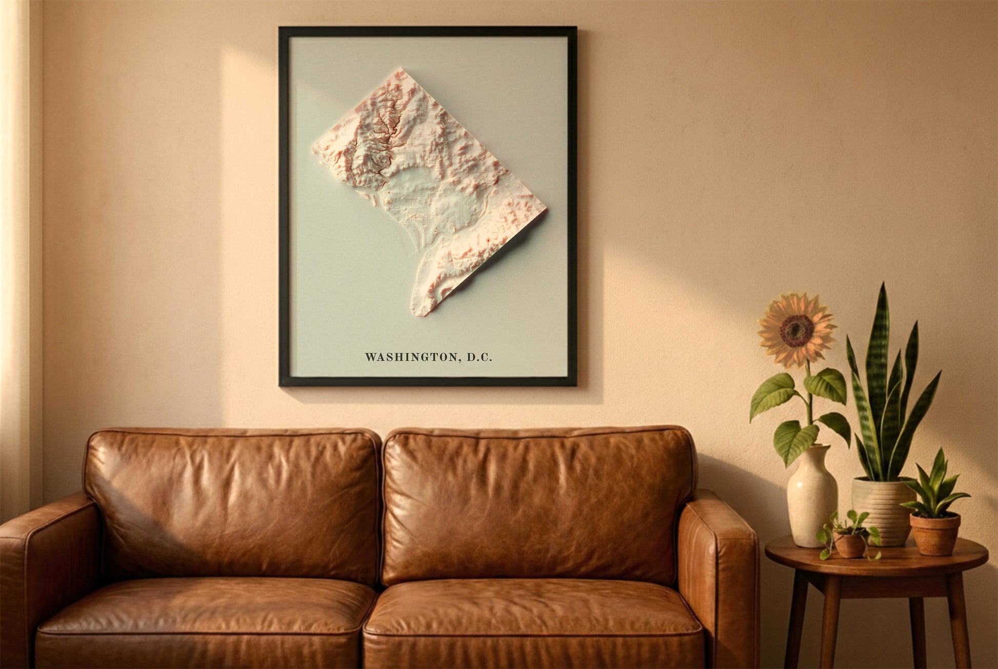 Washington DC relief map in a black frame above a brown leather sofa. Boho living room with warm sunlight, sunflower, and indoor plants on a wooden side table