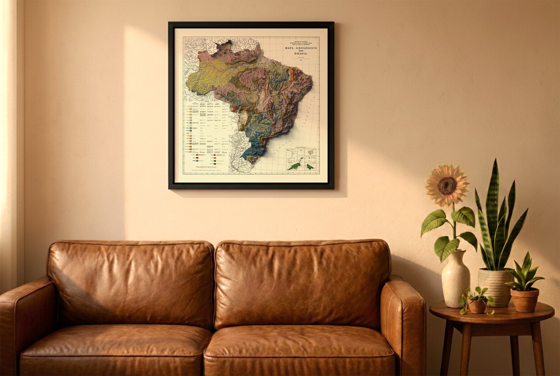 Brazil vintage relief map in a black frame above a brown leather sofa. Boho living room with warm sunlight, sunflower, and indoor plants on a wooden side table
