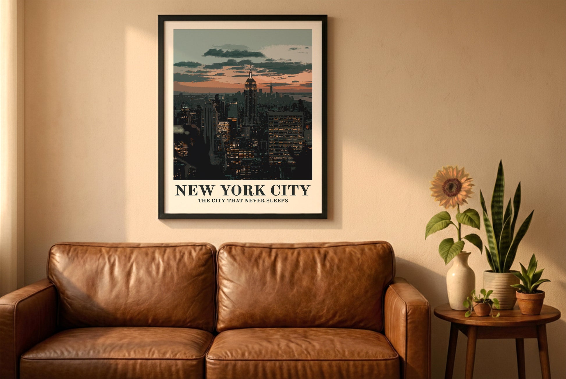 New York City poster in a black frame above a brown leather sofa. Boho living room with warm sunlight, sunflower, and indoor plants on a wooden side table