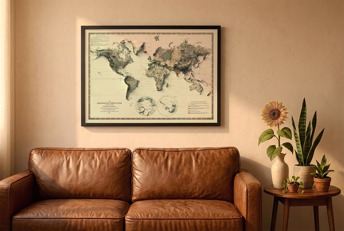Vintage world relief map in a black frame above a brown leather sofa. Boho living room with warm sunlight, sunflower, and indoor plants on a wooden side table
