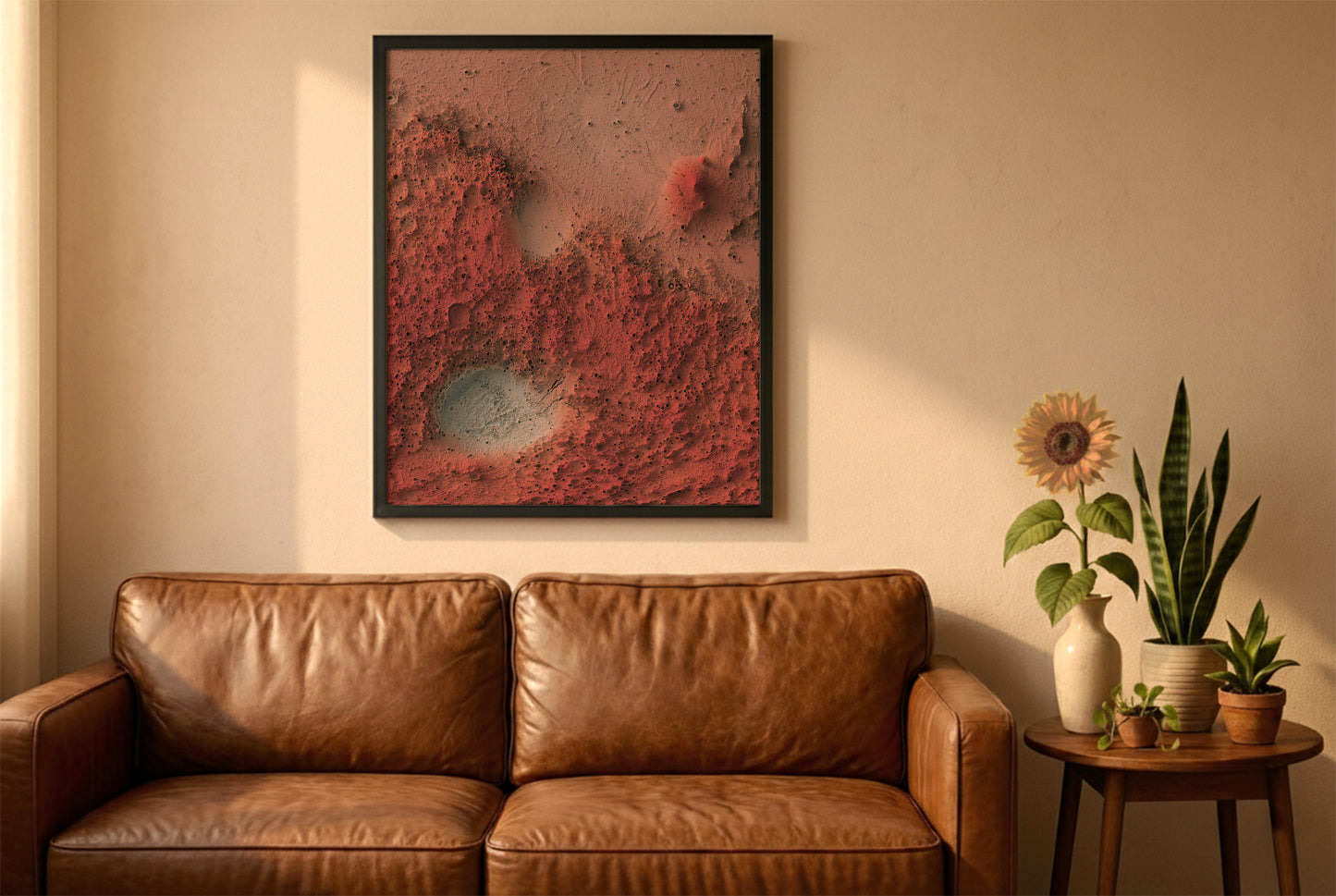 Mars relief map in a black frame above a brown leather sofa. Boho living room with warm sunlight, sunflower, and indoor plants on a wooden side table
