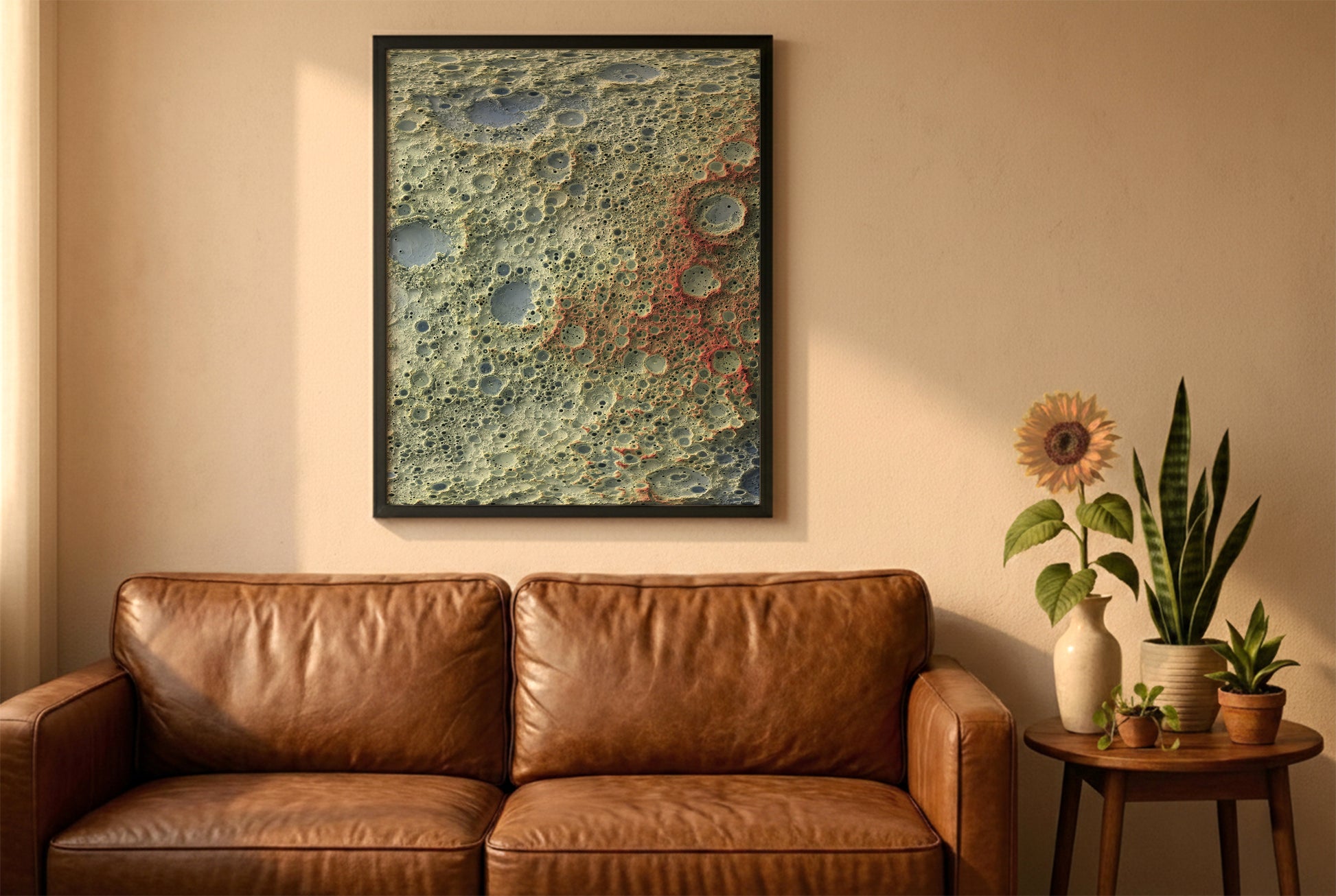 Moon relief map in a black frame above a brown leather sofa. Boho living room with warm sunlight, sunflower, and indoor plants on a wooden side table