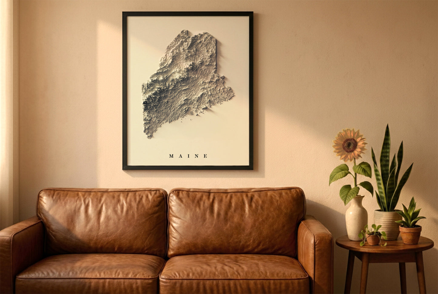 Maine relief map in a black frame above a brown leather sofa. Boho living room with warm sunlight, sunflower, and indoor plants on a wooden side table