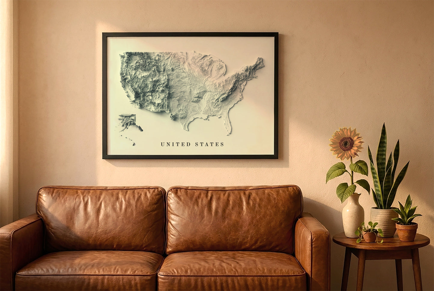 United States relief map in a black frame above a brown leather sofa. Boho living room with warm sunlight, sunflower, and indoor plants on a wooden side table