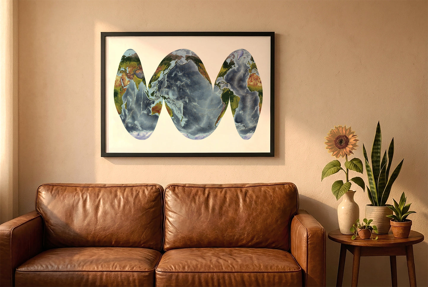 World relief map in goode homolosine ocean projection in a black frame above a brown leather sofa. Boho living room with warm sunlight, sunflower, and indoor plants on a wooden side table