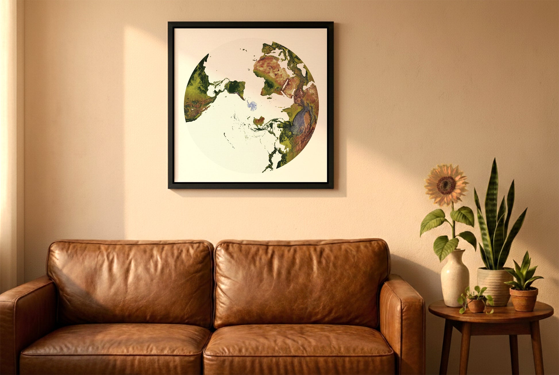 World relief map in australian antarctic polar projection in a black frame above a brown leather sofa. Boho living room with warm sunlight, sunflower, and indoor plants on a wooden side table