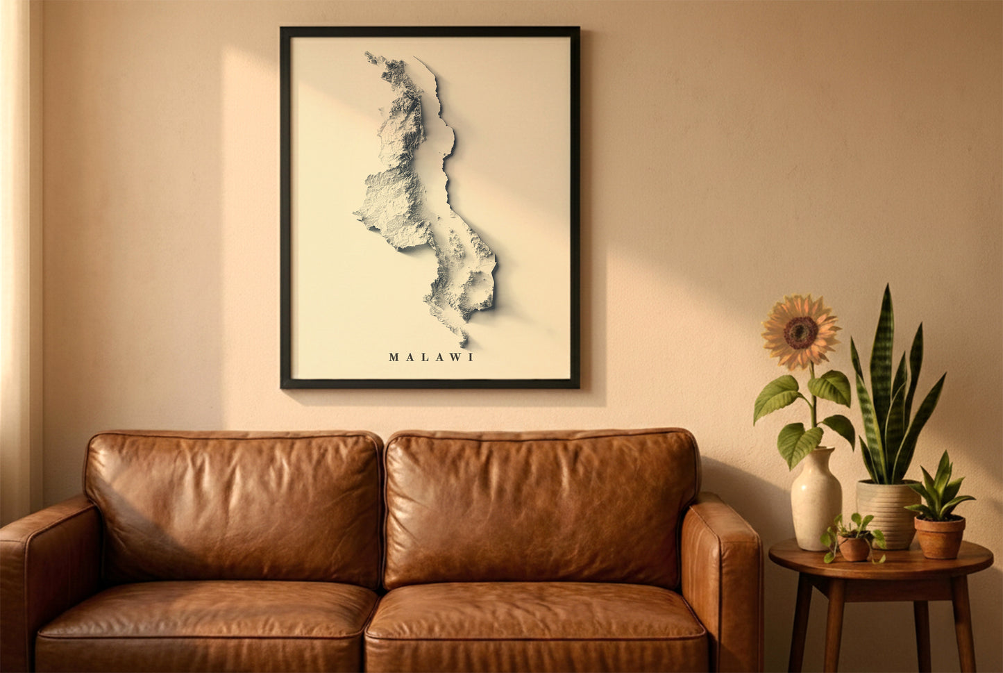 Malawi relief map in a black frame above a brown leather sofa. Boho living room with warm sunlight, sunflower, and indoor plants on a wooden side table