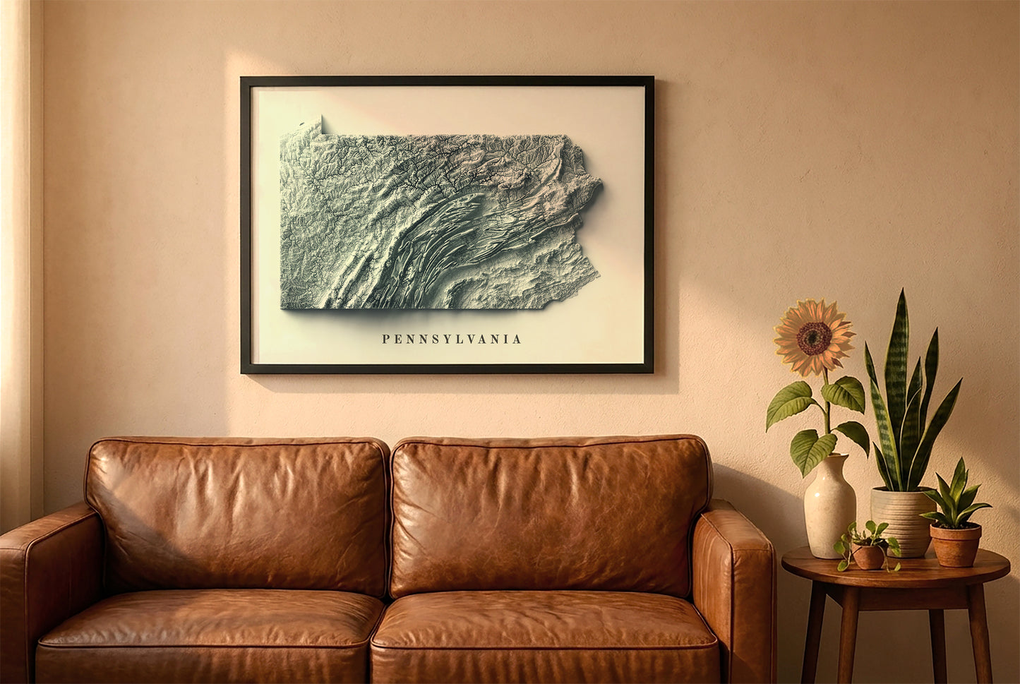 Pennsylvania relief map in a black frame above a brown leather sofa. Boho living room with warm sunlight, sunflower, and indoor plants on a wooden side table