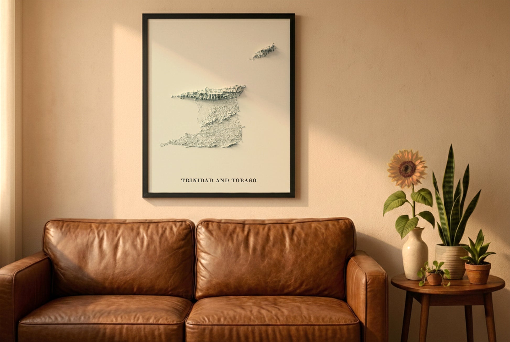 Trinidad and Tobago relief map in a black frame above a brown leather sofa. Boho living room with warm sunlight, sunflower, and indoor plants on a wooden side table