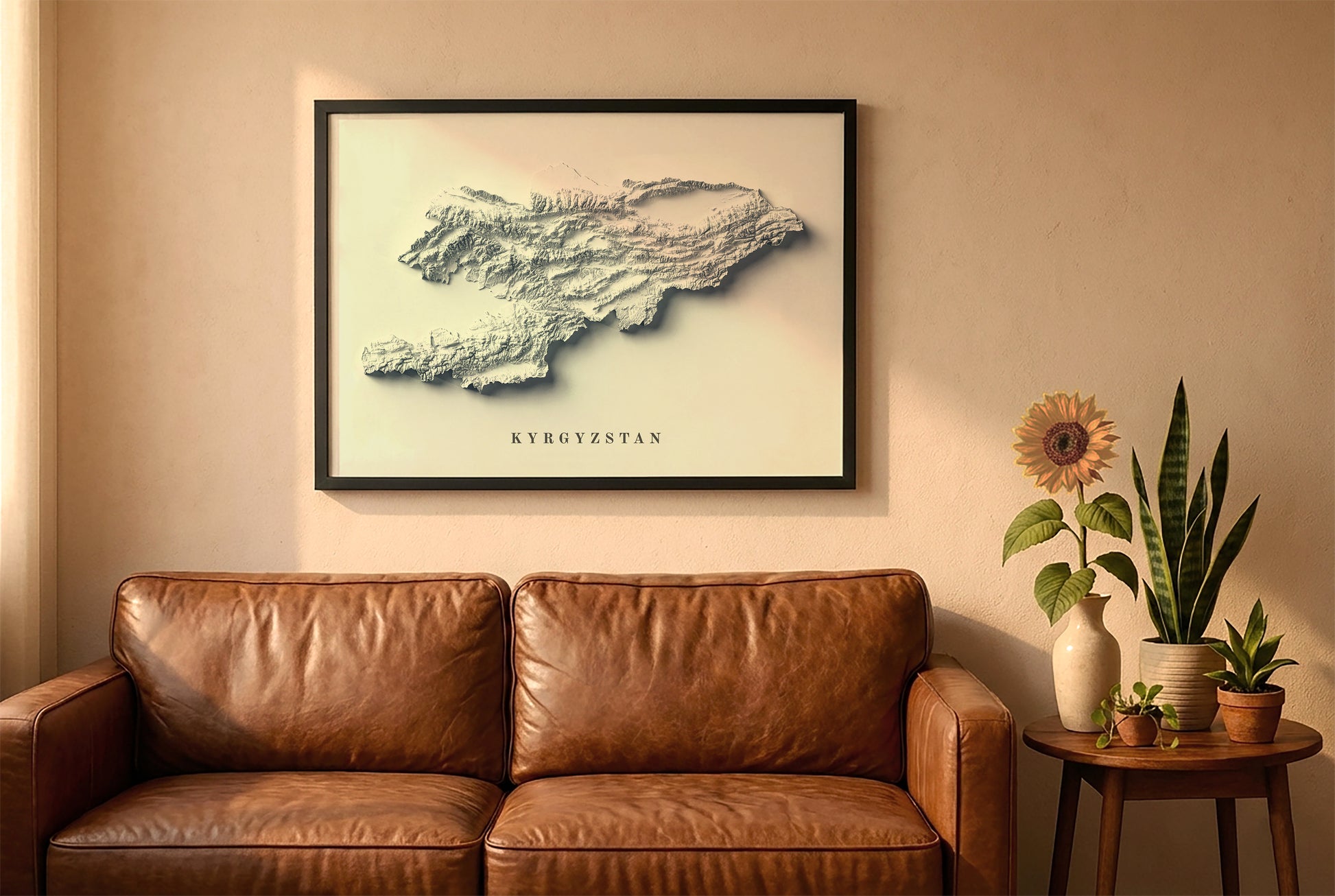 Kyrgyzstan relief map in a black frame above a brown leather sofa. Boho living room with warm sunlight, sunflower, and indoor plants on a wooden side table