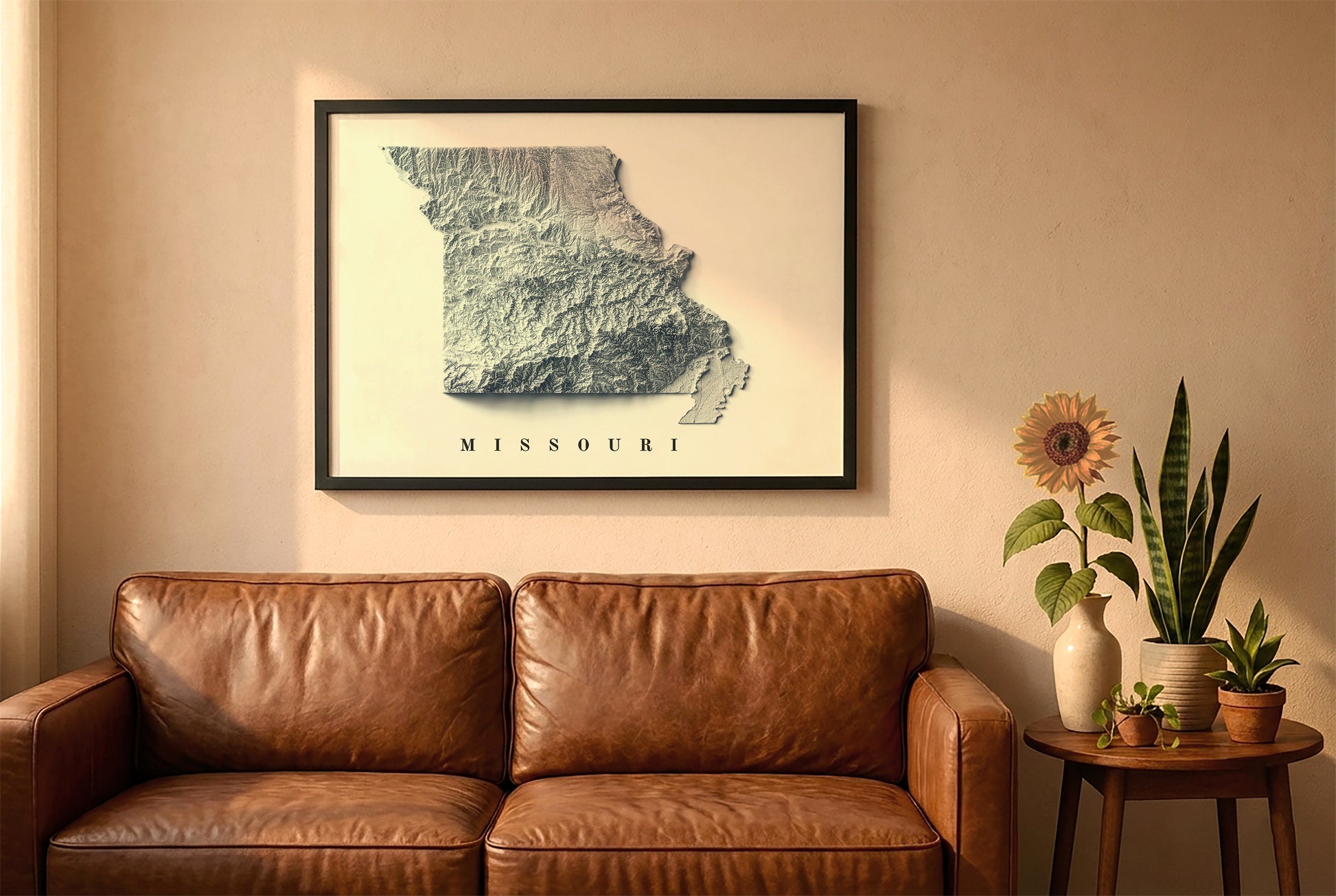 Missouri relief map in a black frame above a brown leather sofa. Boho living room with warm sunlight, sunflower, and indoor plants on a wooden side table