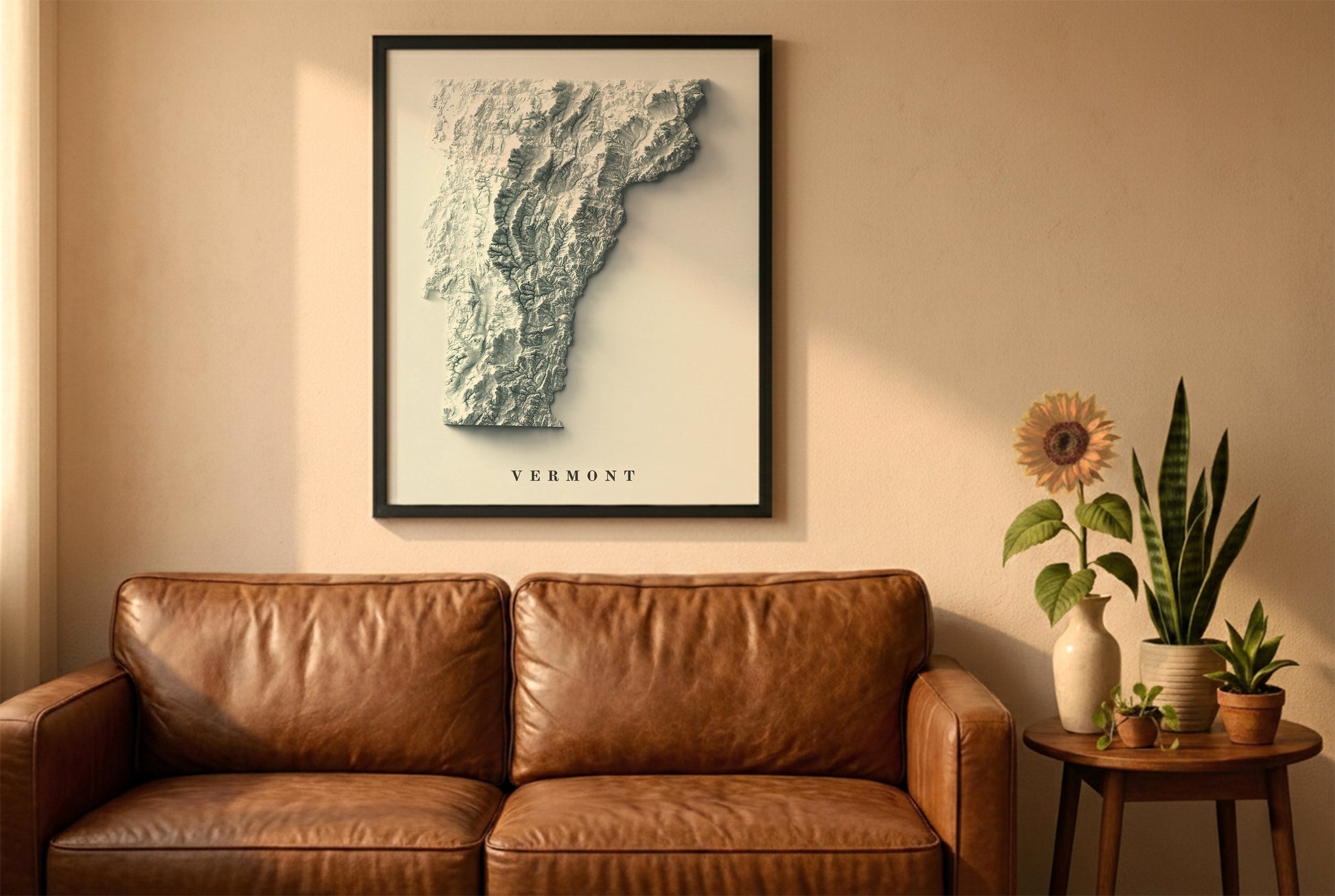 Vermont relief map in a black frame above a brown leather sofa. Boho living room with warm sunlight, sunflower, and indoor plants on a wooden side table