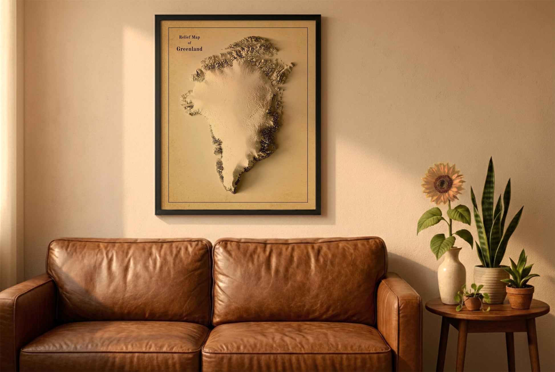Greenland vintage relief map in a black frame above a brown leather sofa. Boho living room with warm sunlight, sunflower, and indoor plants on a wooden side table