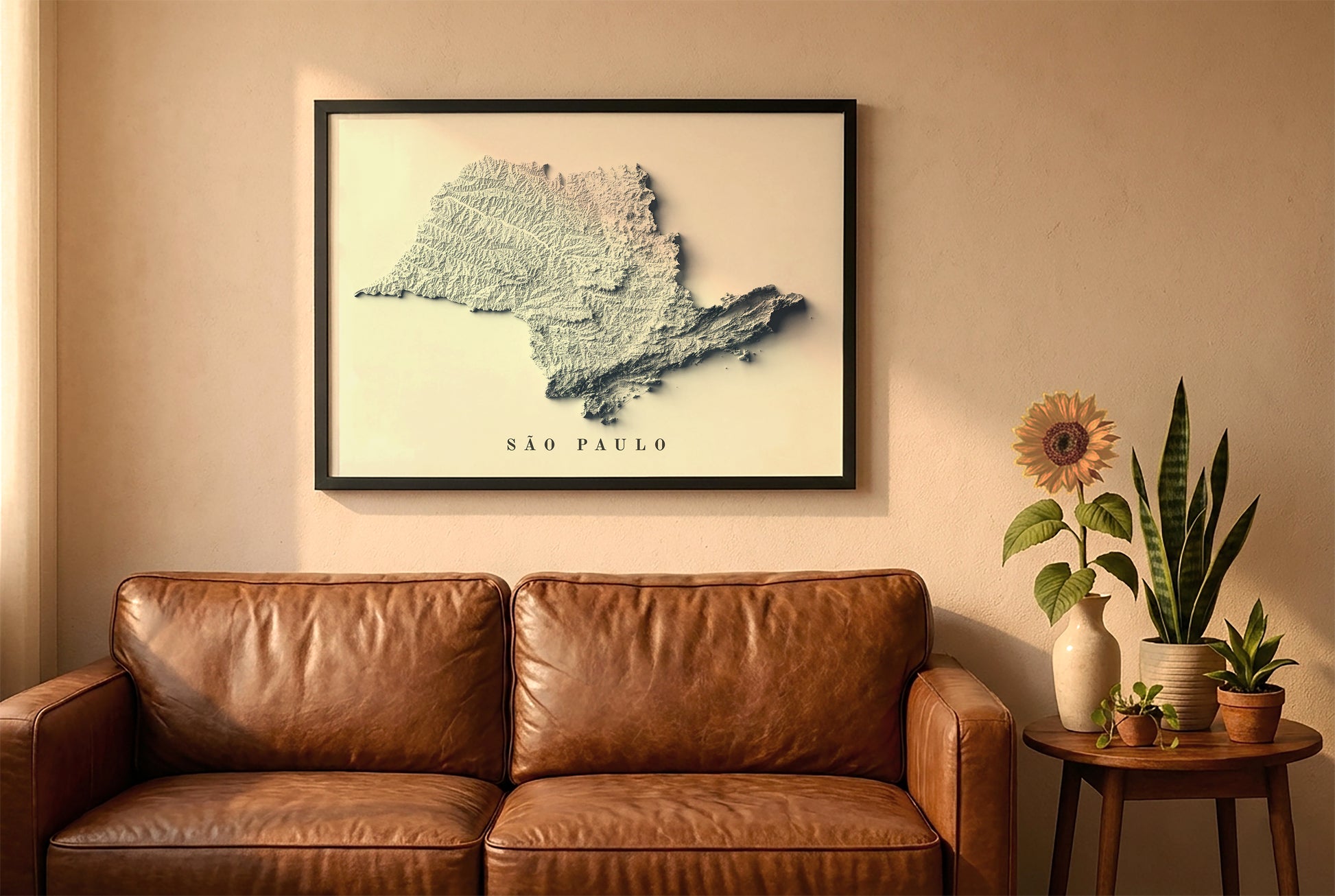 Sao Paulo, Brazil, relief map in a black frame above a brown leather sofa. Boho living room with warm sunlight, sunflower, and indoor plants on a wooden side table