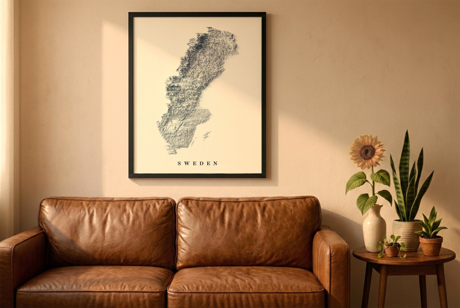 Sweden relief map in a black frame above a brown leather sofa. Boho living room with warm sunlight, sunflower, and indoor plants on a wooden side table