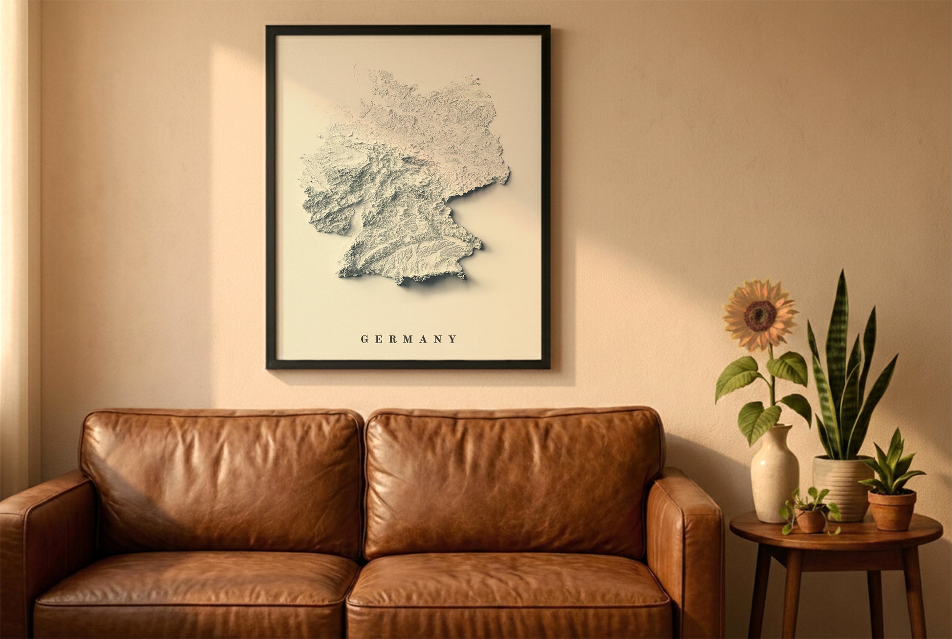 Germany relief map in a black frame above a brown leather sofa. Boho living room with warm sunlight, sunflower, and indoor plants on a wooden side table