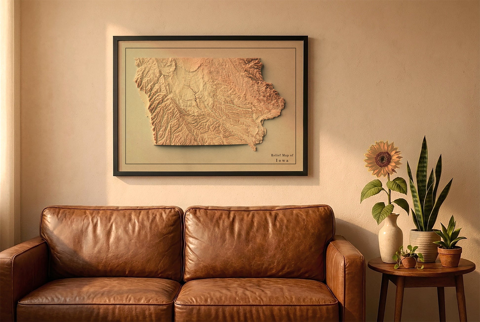 Iowa vintage relief map in a black frame above a brown leather sofa. Boho living room with warm sunlight, sunflower, and indoor plants on a wooden side table