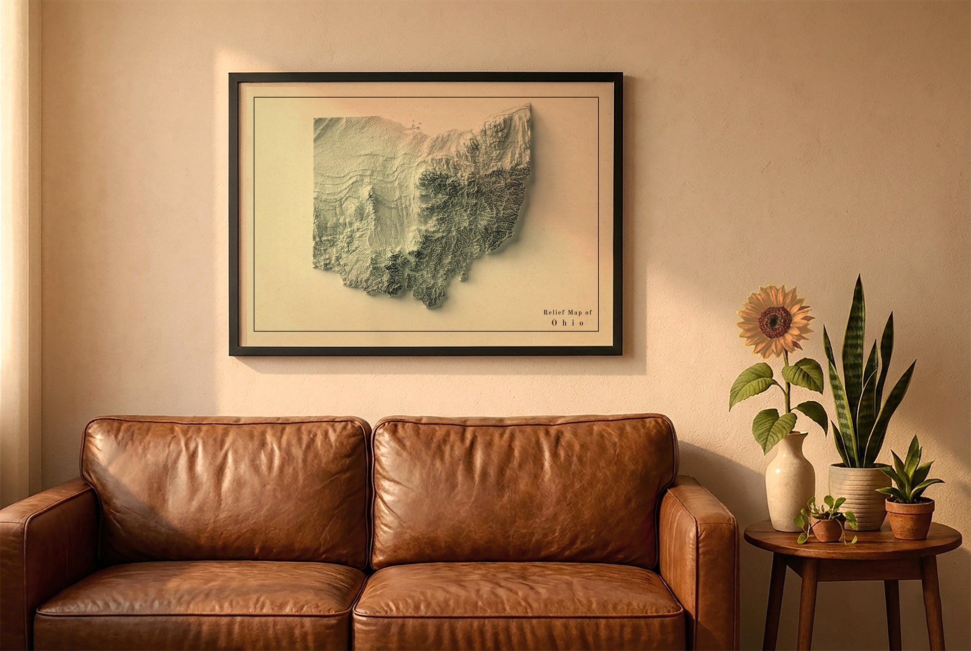 Ohio vintage relief map in a black frame above a brown leather sofa. Boho living room with warm sunlight, sunflower, and indoor plants on a wooden side table