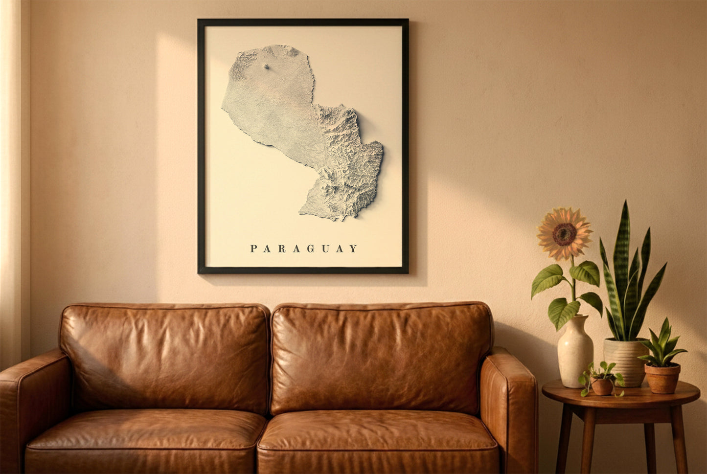 Paraguay relief map in a black frame above a brown leather sofa. Boho living room with warm sunlight, sunflower, and indoor plants on a wooden side table